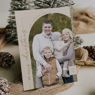 Boho Chic Cream Gold Photo Modern Merry Christmas Holiday Card
