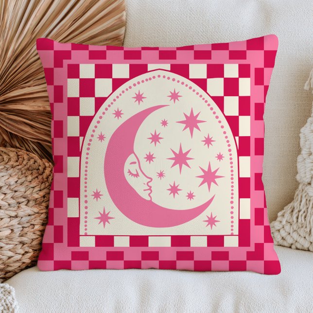 Boho Chic Crescent Moon with Stars Pink Chequered  Cushion (Creator Uploaded)