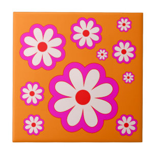 BOHO Chic Daisy Pattern Pink& Orange Retro Floral Tile