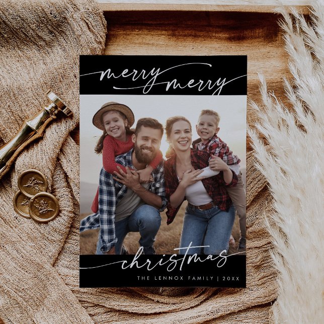 Boho Chic Dark Black Family Photo Cute Christmas Holiday Card (Creator Uploaded)