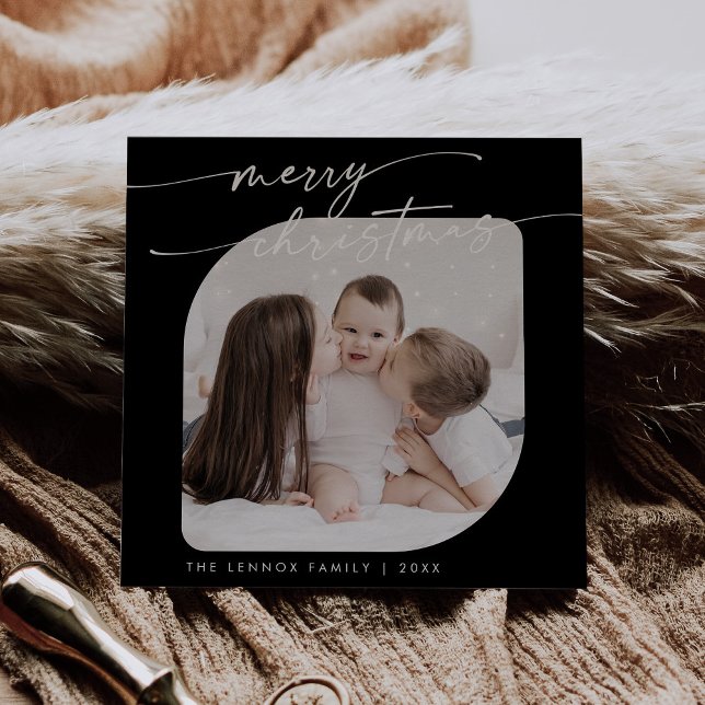 Boho Chic Dark Black Photo Cute Family Christmas Holiday Card (Creator Uploaded)