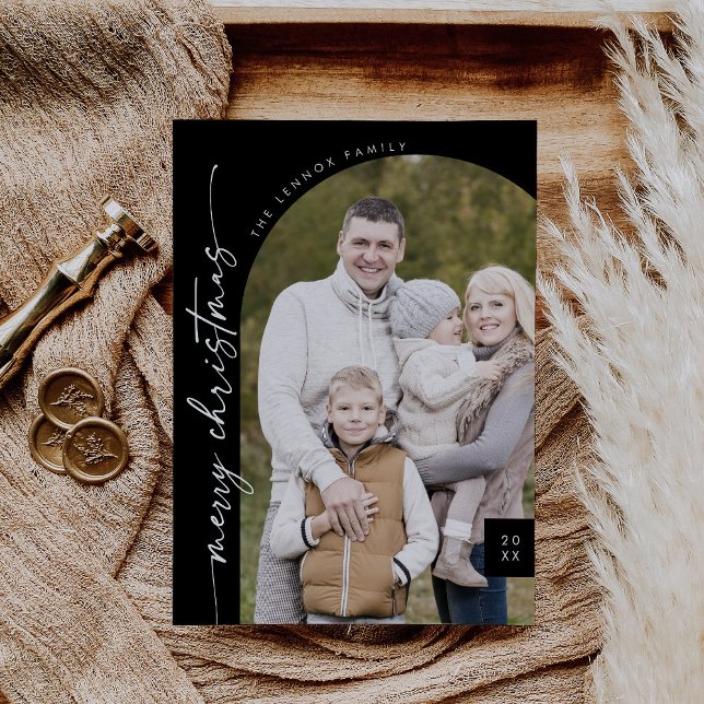 Boho Chic Dark Black Photo Modern Merry Christmas Holiday Card (Creator Uploaded)