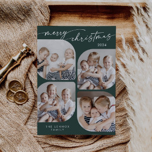 Boho Chic Dark Green Family Multi Photo Christmas Holiday Card