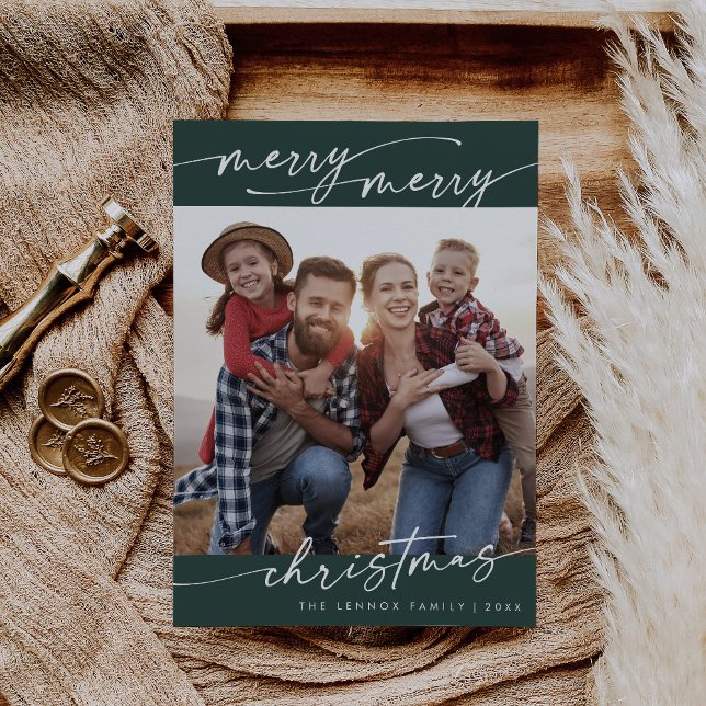 Boho Chic Dark Green Family Photo Cute Christmas Holiday Card (Creator Uploaded)