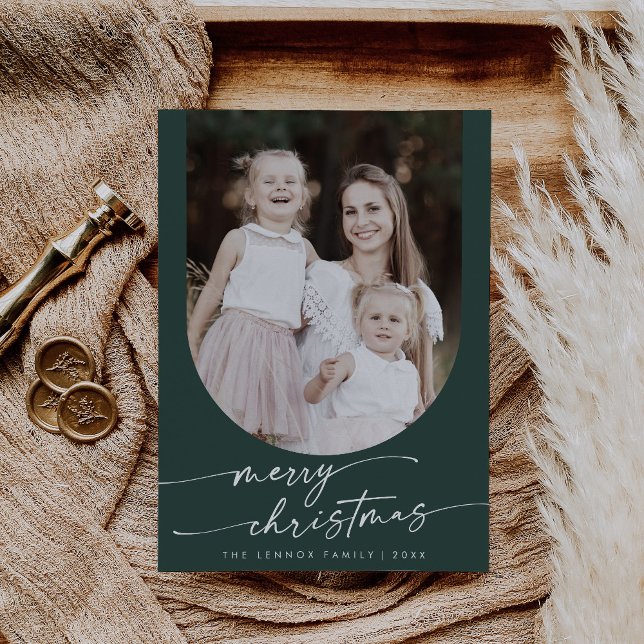 Boho Chic Dark Green Photo Boho Family Christmas Holiday Card (Creator Uploaded)