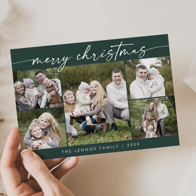 Boho Chic Dark Green Photo Boho Merry Christmas Holiday Card (Creator Uploaded)