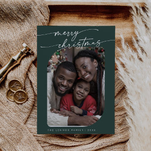 Boho Chic Dark Green Photo Cute Merry Christmas Holiday Card