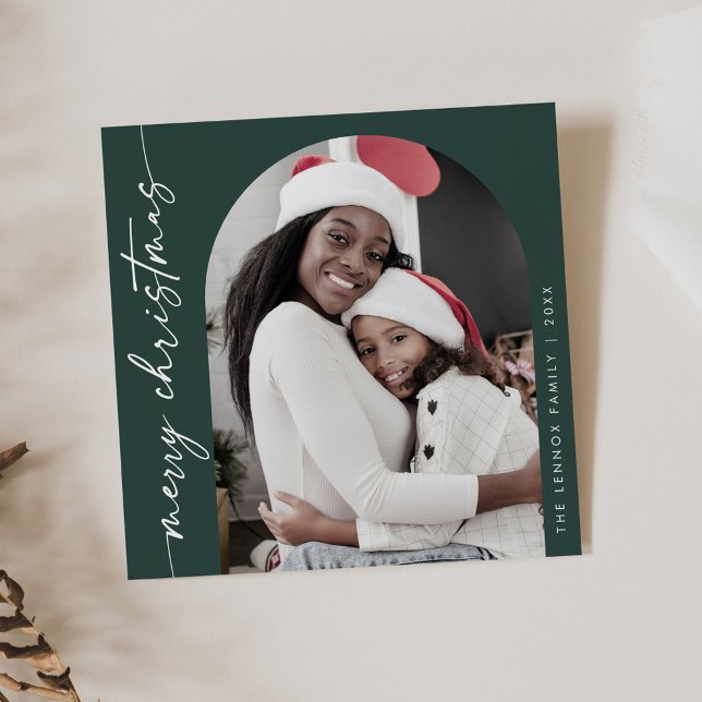 Boho Chic Dark Green Photo Unique Merry Christmas Holiday Card (Creator Uploaded)
