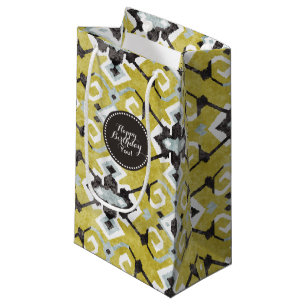 Boho chic dark grey and yellow ikat tribal pattern small gift bag