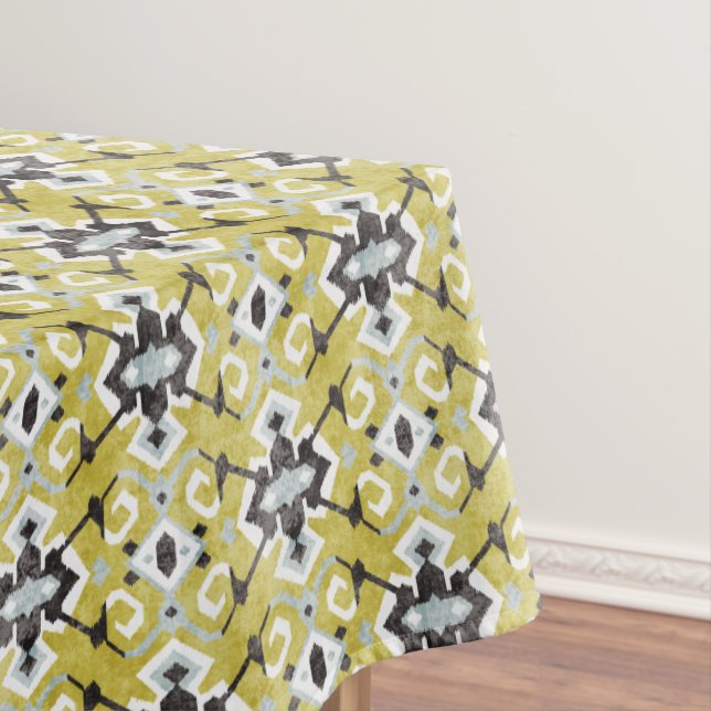 Boho chic dark grey and yellow ikat tribal pattern tablecloth (In Situ)
