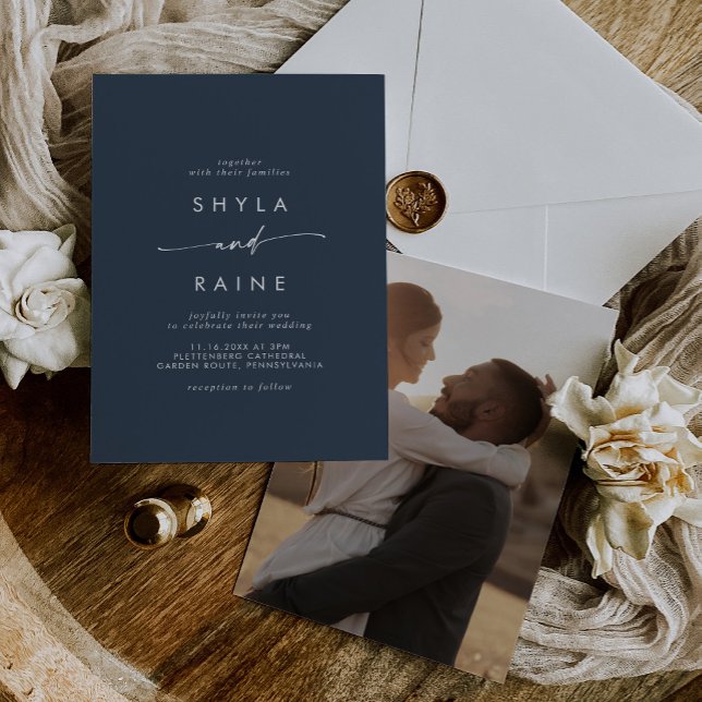 Boho Chic Dark Navy Blue Casual Photo Wedding Invitation (Creator Uploaded)