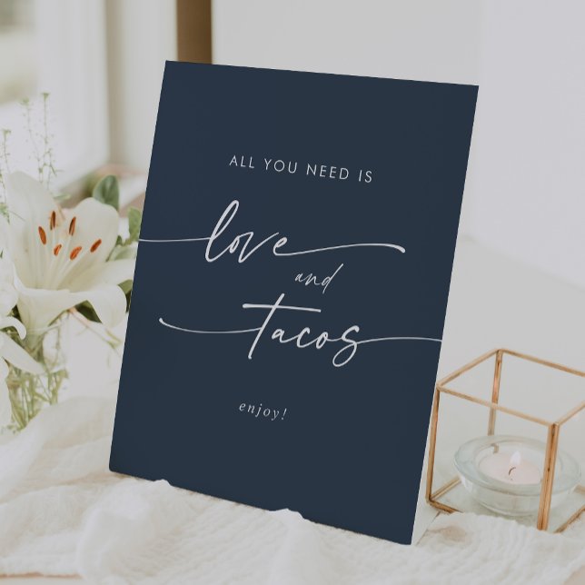 Boho Chic Dark Navy Blue Love Taco Bar Wedding Pedestal Sign (Boho Chic Dark Navy Blue Love Taco Bar Wedding Pedestal Sign)