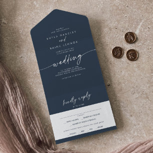 Boho Chic Dark Navy Blue Meal Choice RSVP Wedding All In One Invitation