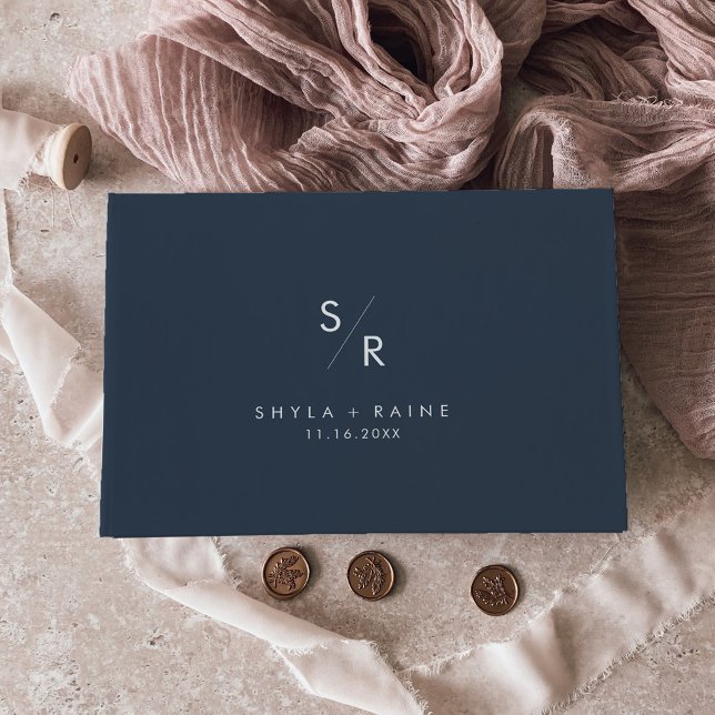 Boho Chic Dark Navy Blue Monogram Wedding Guest Book (Creator Uploaded)