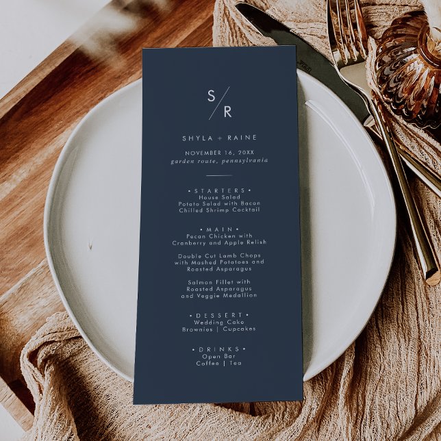 Boho Chic Dark Navy Blue Monogram Wedding Menu (Creator Uploaded)