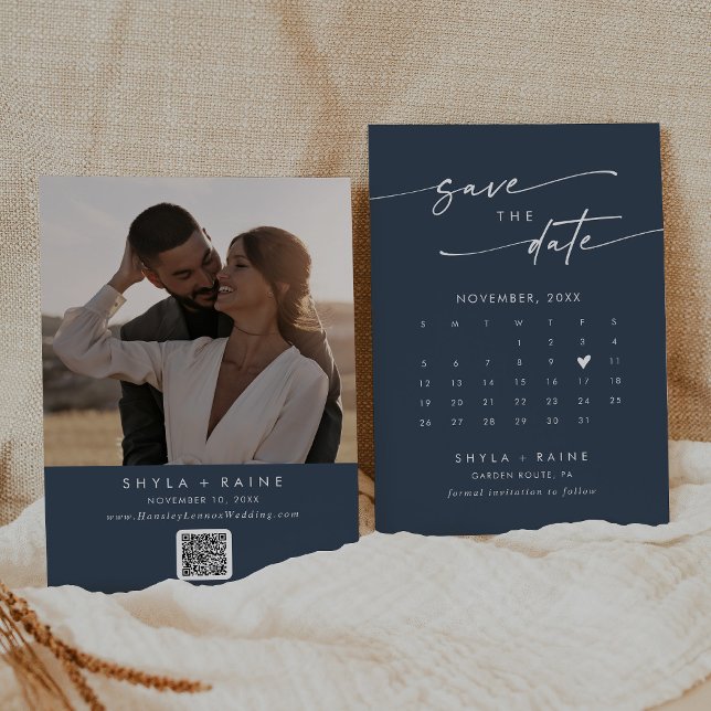 Boho Chic Dark Navy Blue QR Code Photo Calendar Save The Date (Creator Uploaded)