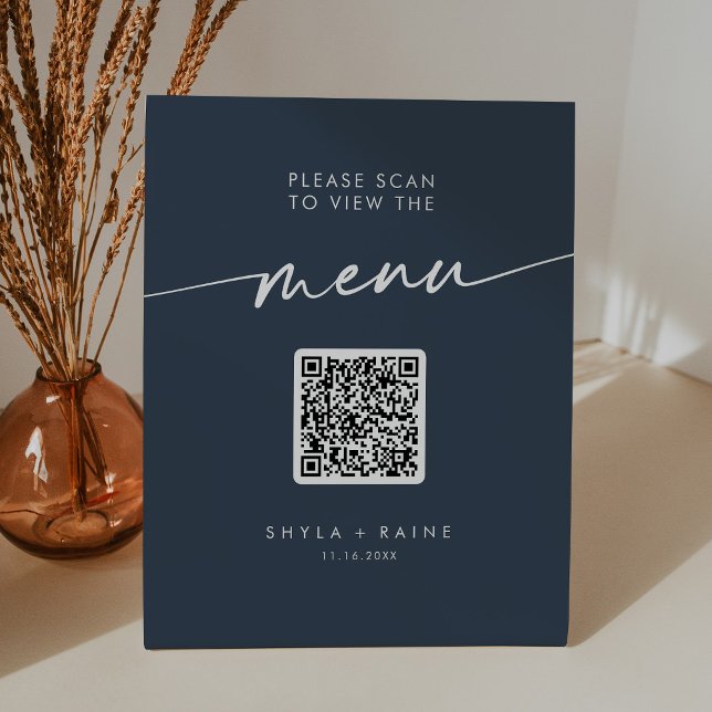 Boho Chic Dark Navy Blue QR Code Wedding Menu Pedestal Sign (Creator Uploaded)