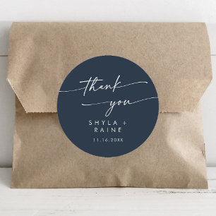 Boho Chic Dark Navy Blue Thank You Wedding Favour Classic Round Sticker
