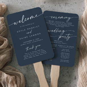 Boho Chic Dark Navy Blue Wedding Program Hand Fan