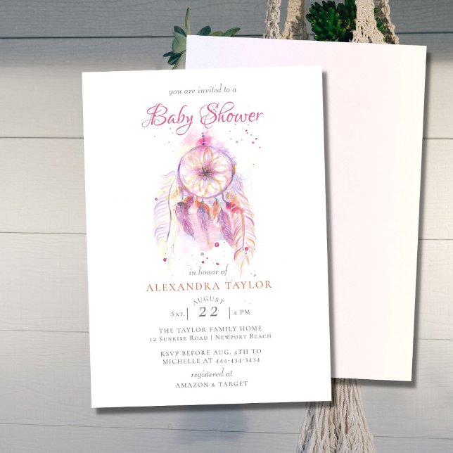 Boho Chic Dream Catcher Pink Girl Baby Shower Invitation (Creator Uploaded)