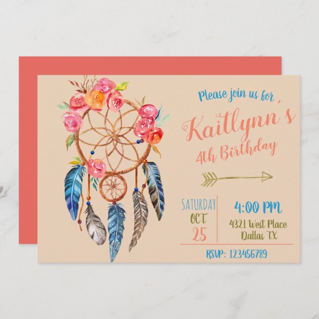 Boho chic dreamcatcher birthday invitation (Front/Back)