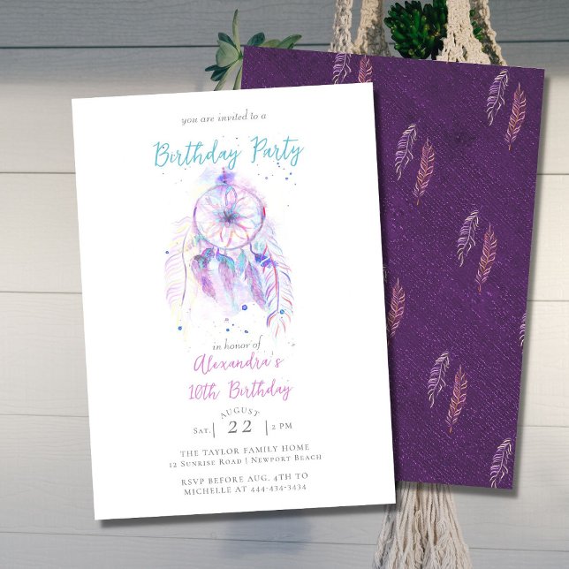 Boho Chic Dreamcatcher Purple Any Age Birthday Invitation (Creator Uploaded)