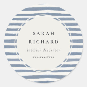 Boho Chic Dusky Blue Watercolor Hand Drawn Strips Classic Round Sticker