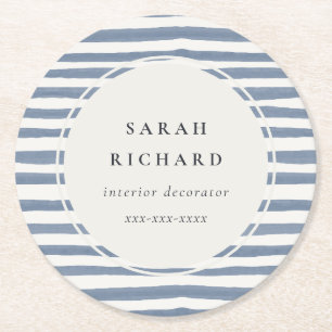 Boho Chic Dusky Blue Watercolor Hand Drawn Strips Round Paper Coaster