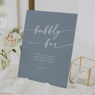Boho Chic Dusty Blue Bubbly Bar Wedding Pedestal Sign
