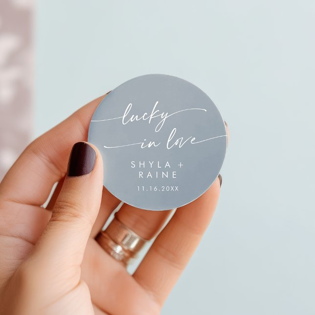 Boho Chic Dusty Blue Lucky In Love Favour Classic Round Sticker (Boho Chic Dusty Blue Lucky In Love Favor Classic Round Sticker)