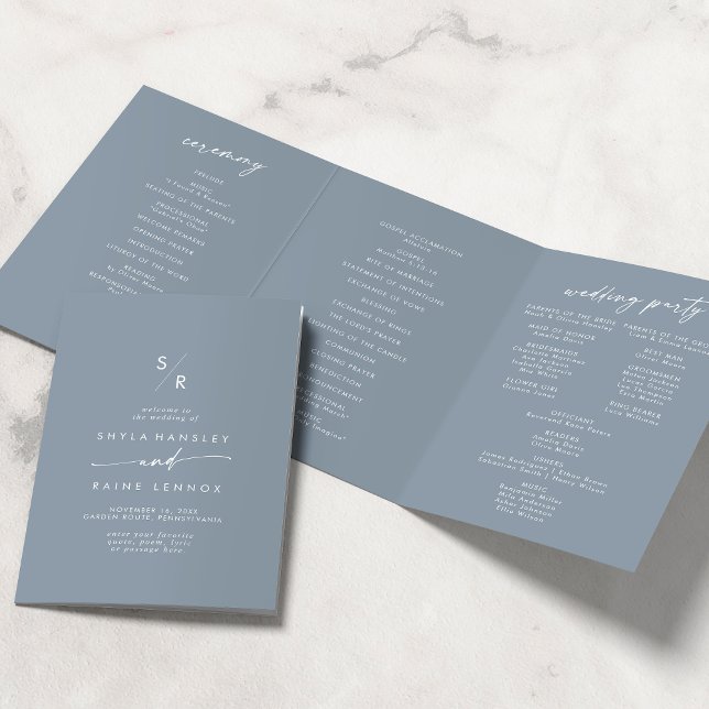 Boho Chic Dusty Blue Monogram Wedding Tri-Fold Programme (Creator Uploaded)