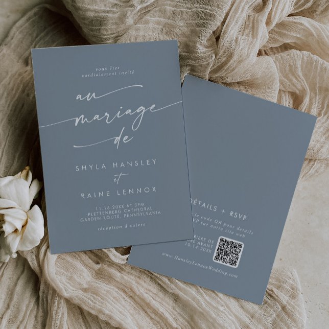 Boho Chic Dusty Blue QR Code French Wedding Invitation (Creator Uploaded)