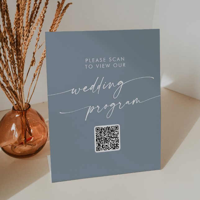 Boho Chic Dusty Blue QR Code Wedding Program Pedestal Sign (Creator Uploaded)