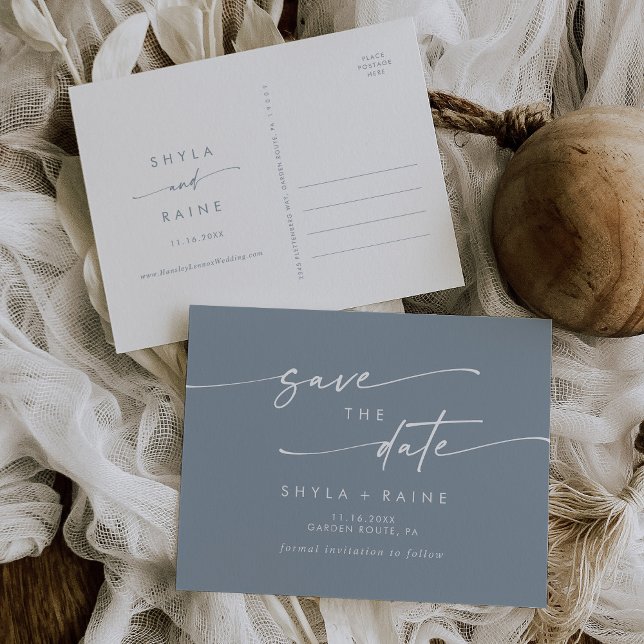 Boho Chic Dusty Blue Wedding Save the Date Invitation Postcard (Creator Uploaded)