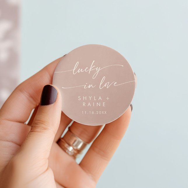 Boho Chic Dusty Rose Pink Lucky In Love Favour Classic Round Sticker (Creator Uploaded)