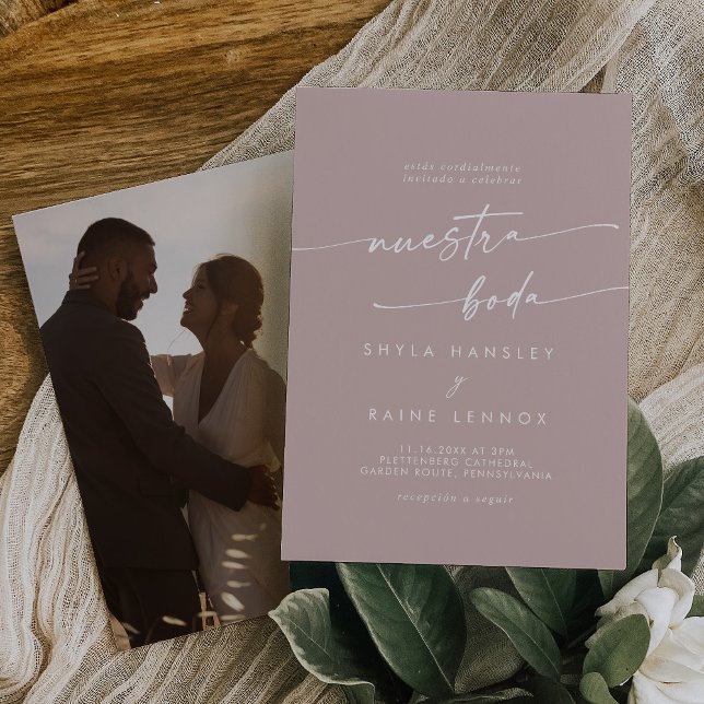 Boho Chic Dusty Rose Pink Photo Spanish Wedding Invitation (Creator Uploaded)