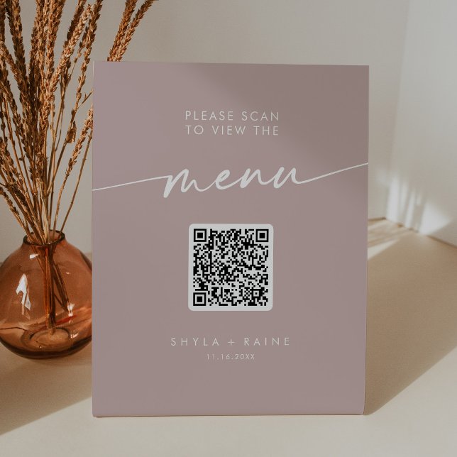Boho Chic Dusty Rose Pink QR Code Wedding Menu Pedestal Sign (Creator Uploaded)