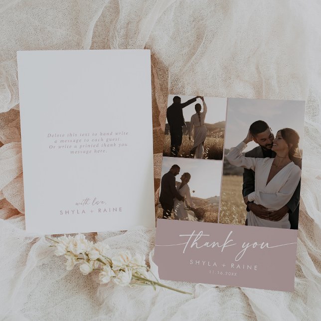 Boho Chic Dusty Rose Pink Wedding Photo Collage Thank You Card (Creator Uploaded)