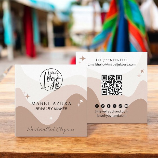 Boho chic earth tone Jewellery maker Qr logo Square Business Card (Boho chic earth tone Jewelry maker Qr logo Square Business Card)