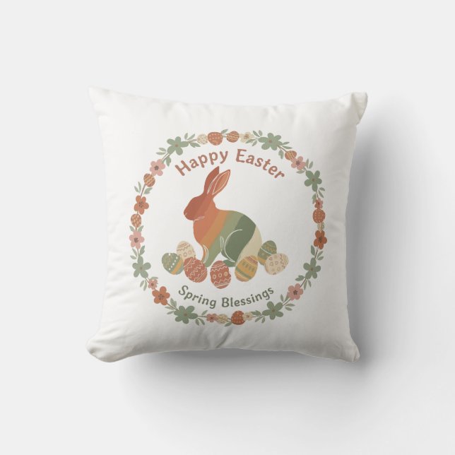  Boho Chic Easter Bunny Floral Wreath & Eggs Sprin Cushion (Front)