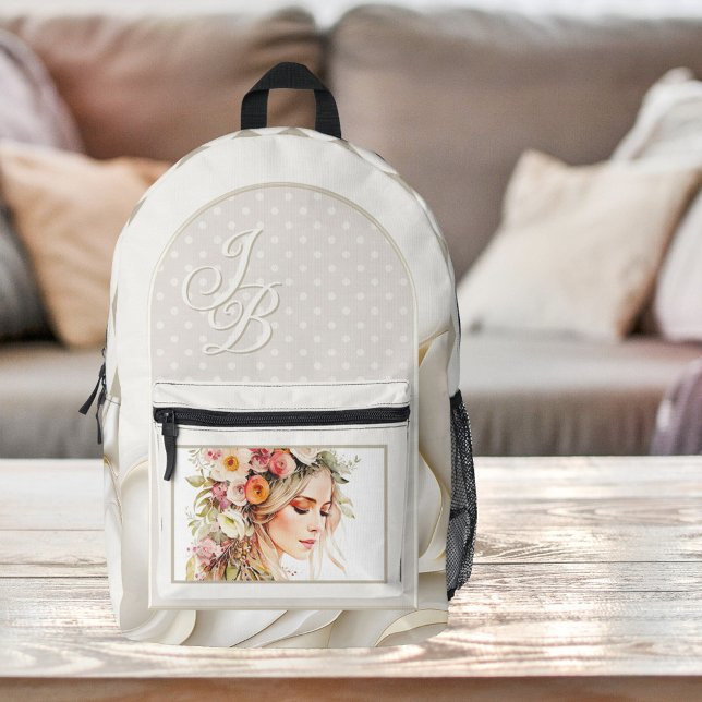 Boho Chic Elegant Monogram Printed Backpack (Backpack featuring a watercolor illustration (or your custom photo) on tan ivory with your monogram)