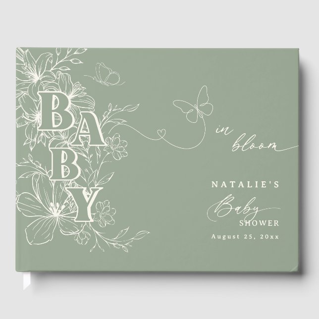 Boho Chic Elegant Sage Green Floral Baby Shower Guest Book (Front)