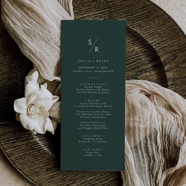 Boho Chic Emerald Green Monogram Wedding Menu (Creator Uploaded)