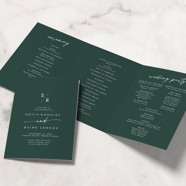 Boho Chic Emerald Green Monogram Wedding Tri-Fold Programme (Creator Uploaded)