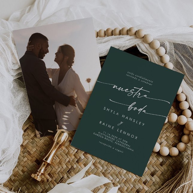 Boho Chic Emerald Green Photo Spanish Wedding Invitation (Creator Uploaded)