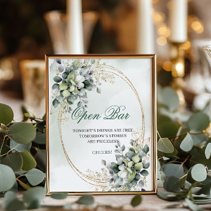 Boho Chic Eucalyptus Open Bar Sign Green Gold