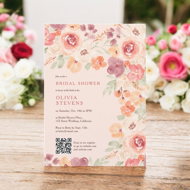 Boho chic fall peach blush qr code bridal shower invitation (Boho rustic fall peach blush qr code bridal shower invitation on blush)
