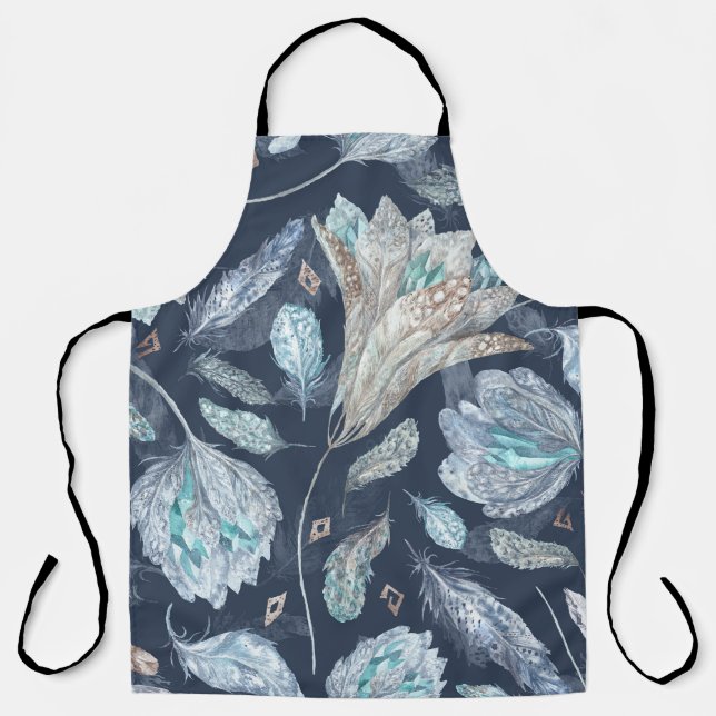 Boho Chic Feathers Flowers: Watercolor Dark Blue P Apron (Front)
