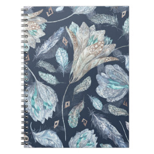 Boho Chic Feathers Flowers: Watercolor Dark Blue P Notebook