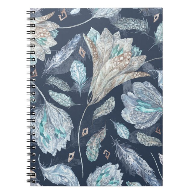 Boho Chic Feathers Flowers: Watercolor Dark Blue P Notebook (Front)